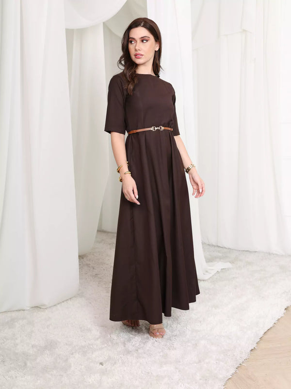 dark brown long dress Effortlessly Stunning Off-the-Shoulder Maxi Elongated kick pleat slit at back Women's Brown Formal Dresses &