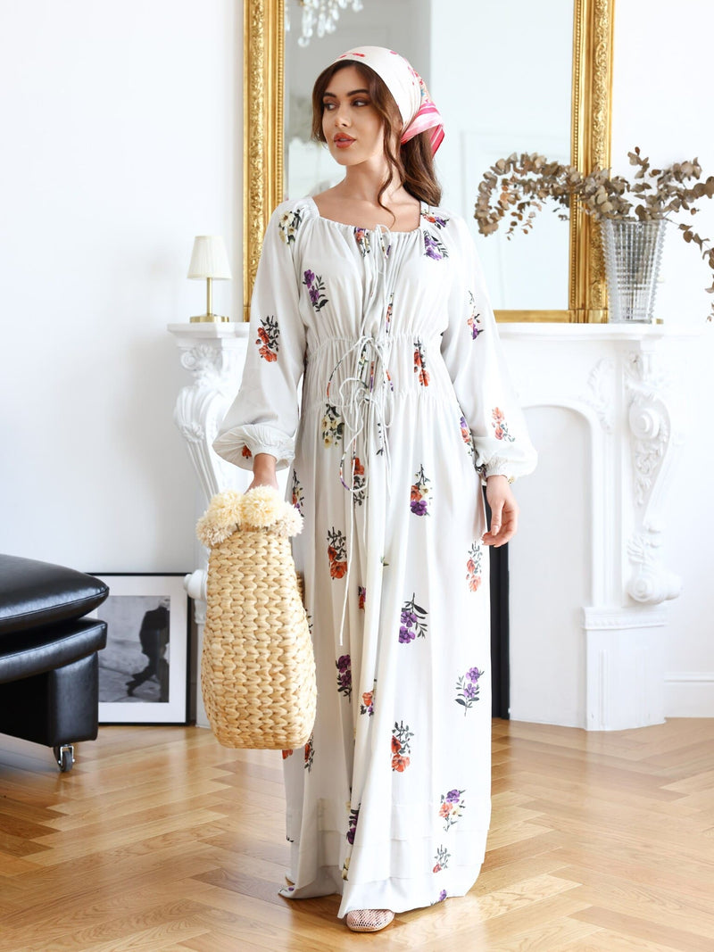 Simone White Floral Gathered Dress