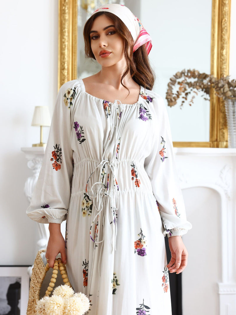 Simone White Floral Gathered Dress