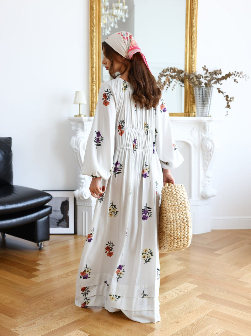 Simone White Floral Gathered Dress