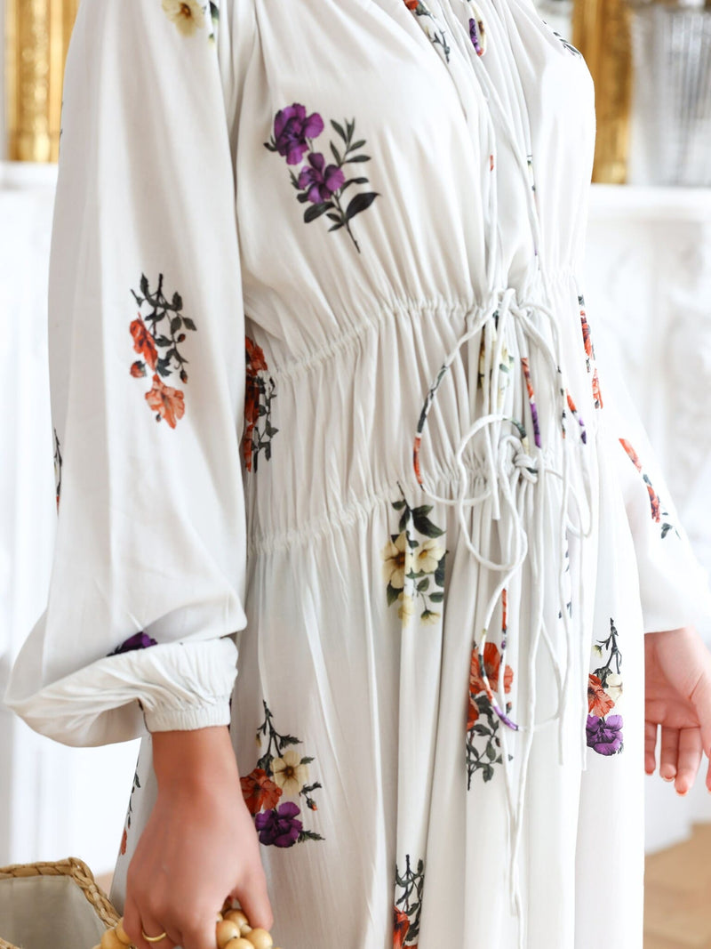 Simone White Floral Gathered Dress