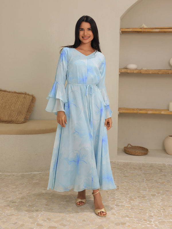 Sakura Mist Blue Floral Long Dress