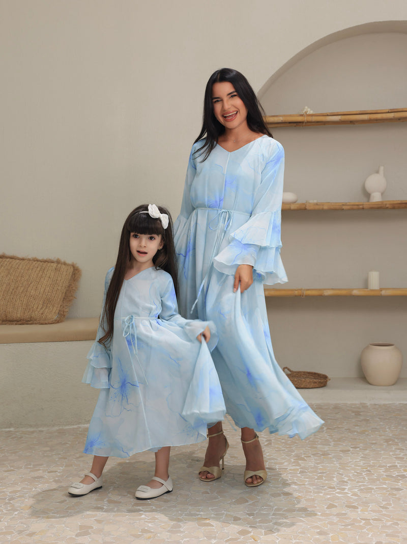 Sakura Mist Blue Floral Long Dress