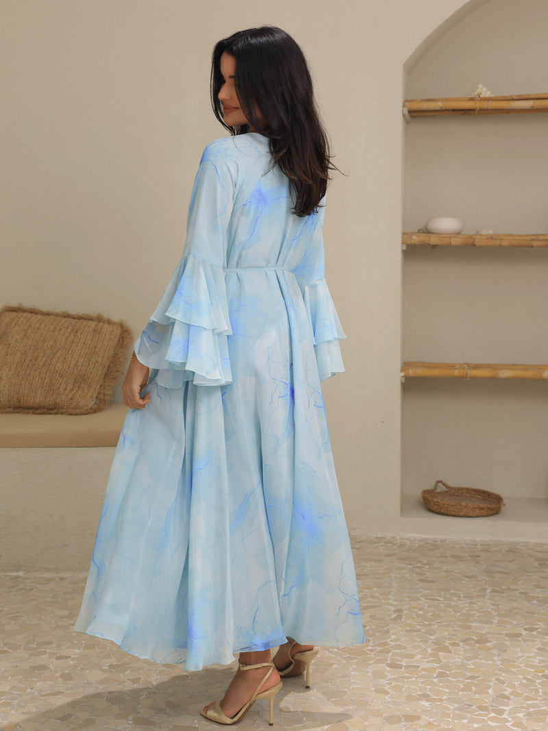 Sakura Mist Blue Floral Long Dress