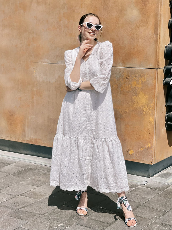 white cut work dress Karen Millen Petite Cotton Cutwork Woven Shirt Midi Dress in Ivory