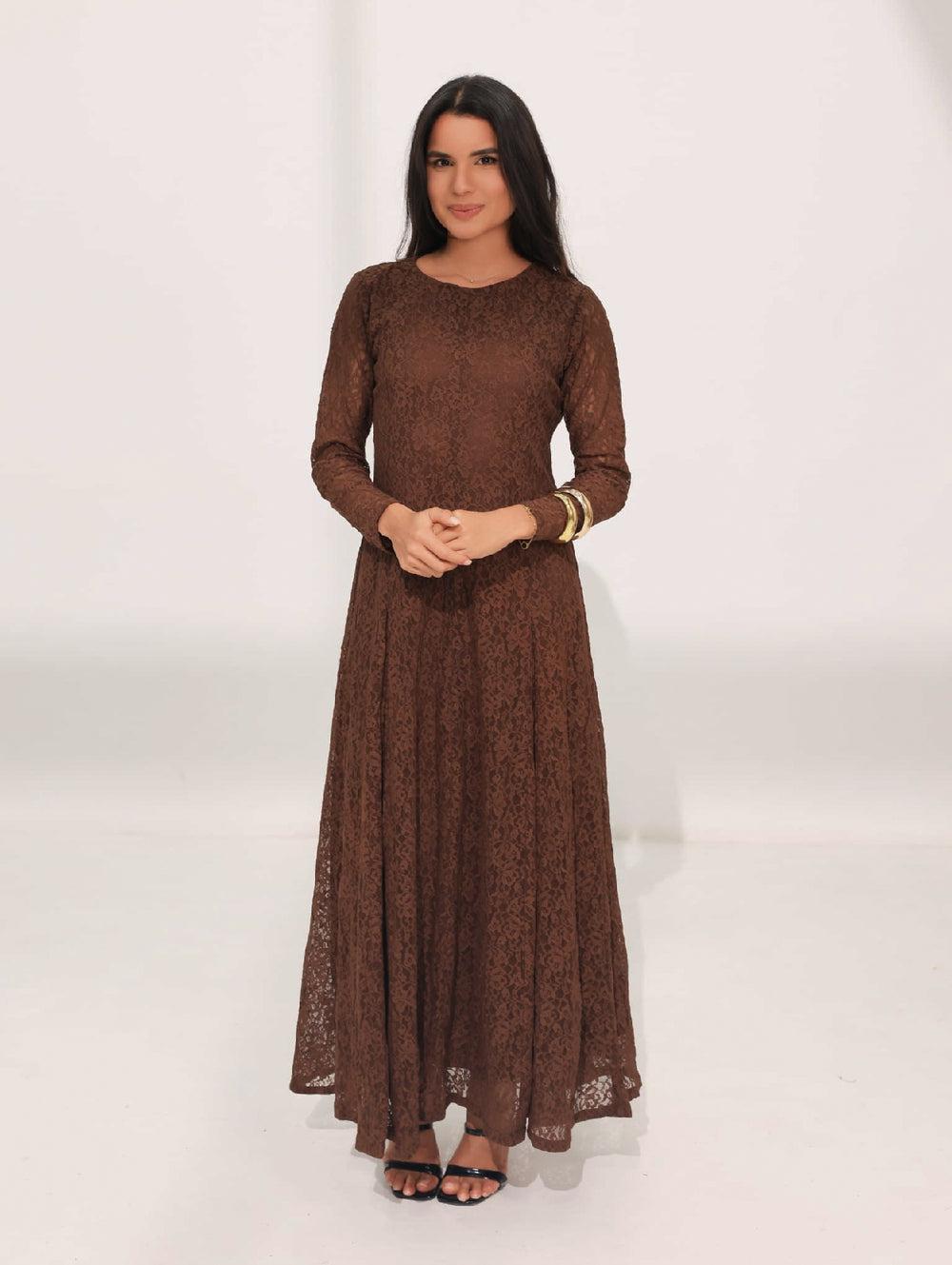 Evaleen Brown Panel Net Dress