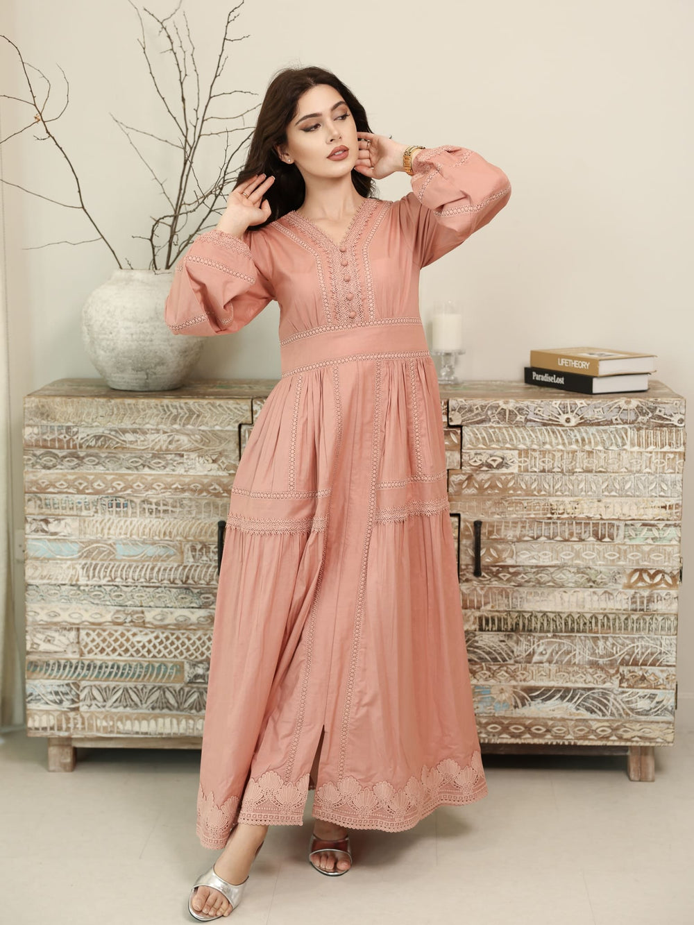 Celosia Peach Lace Long Dress