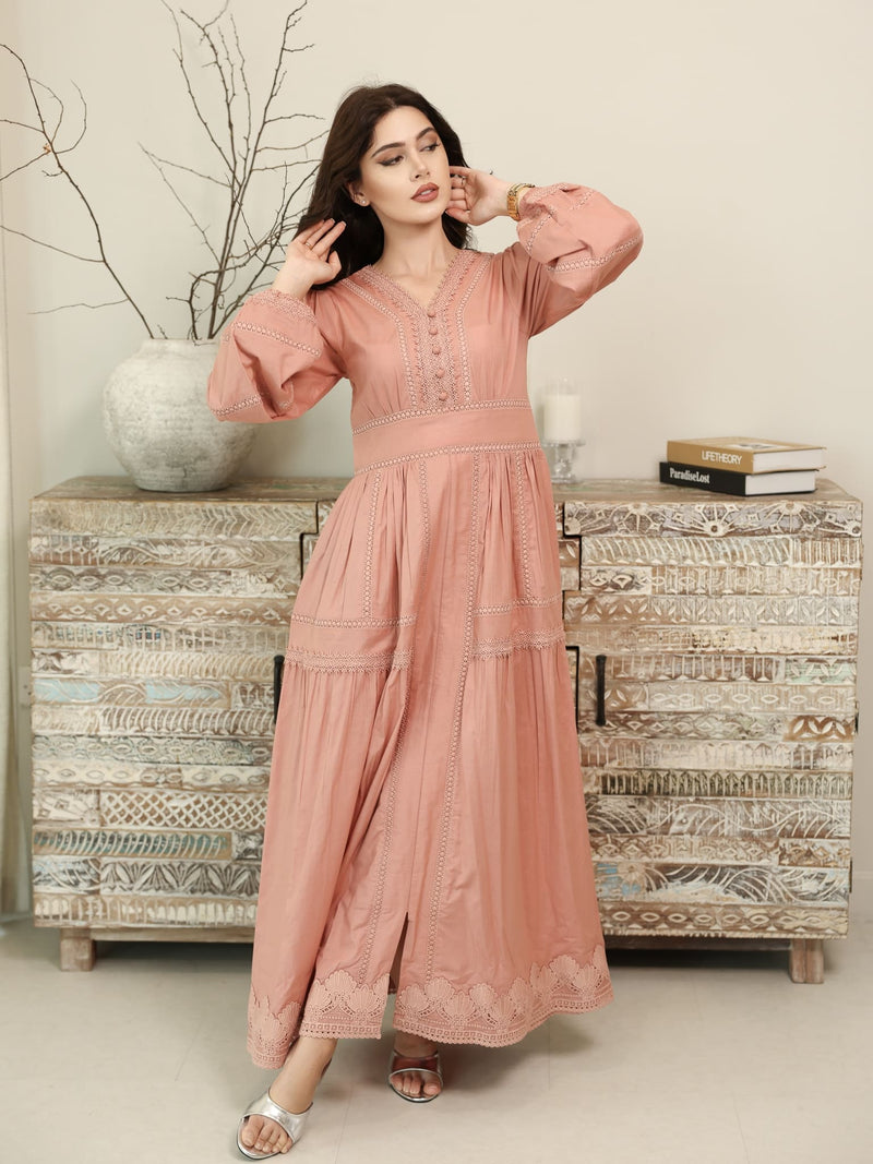 peach lace dress with sleeves Montsand PEACH LACE APPLIQE MAXI DRESS
