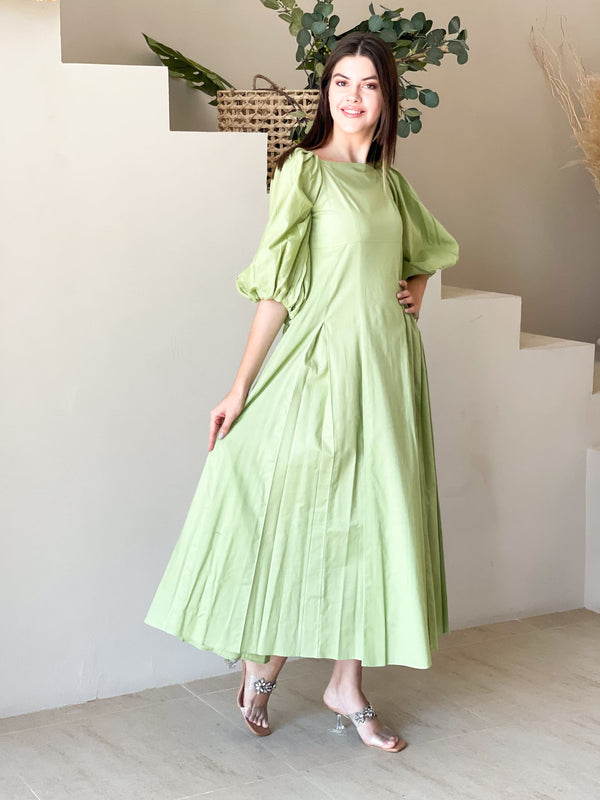 Ruby Green Box Pleat Long Dress