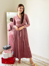 Promise - Dusty Pink Velvet Dress with Long Sleeves (Pleated)