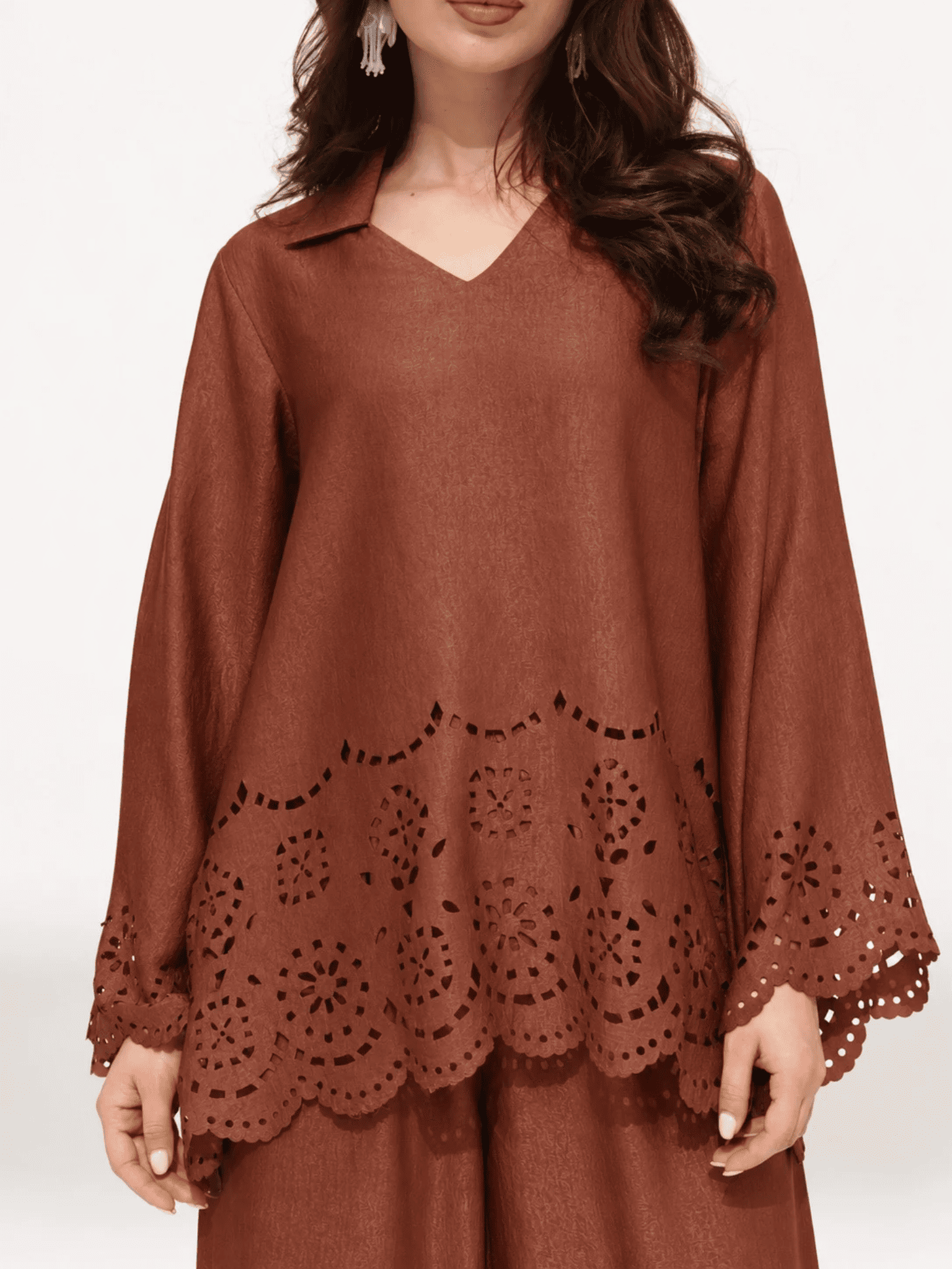 Eloise Soft Silk Brown Cutwork Shirt