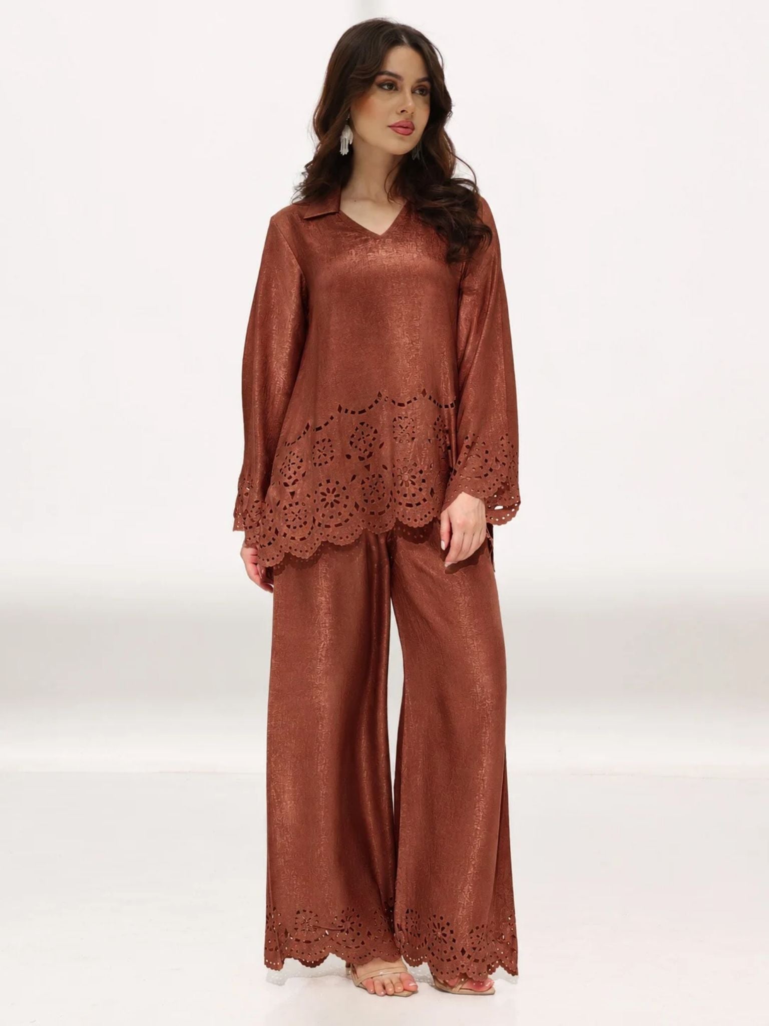 Eloise Soft Silk Brown Cutwork Pants