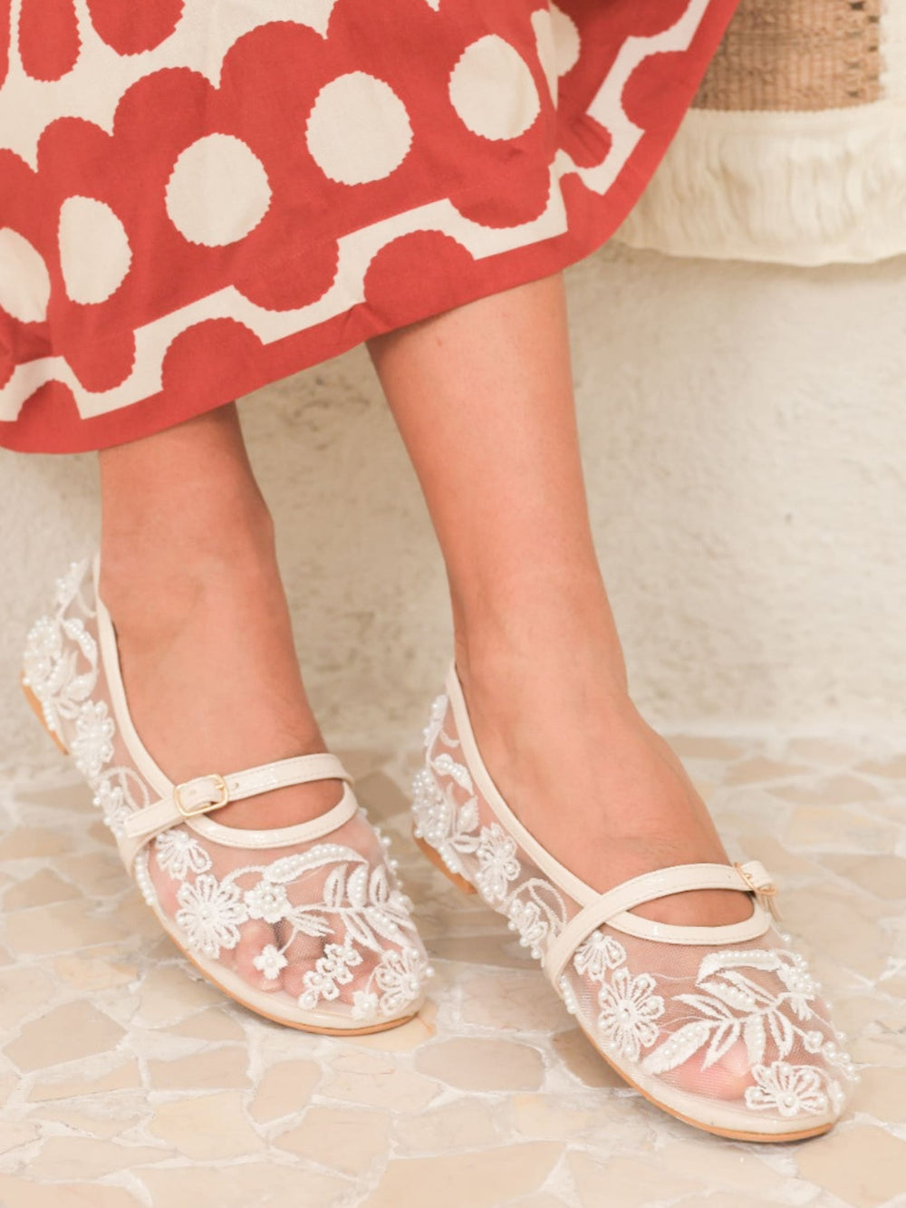 Embroidered Cream Mesh Flats