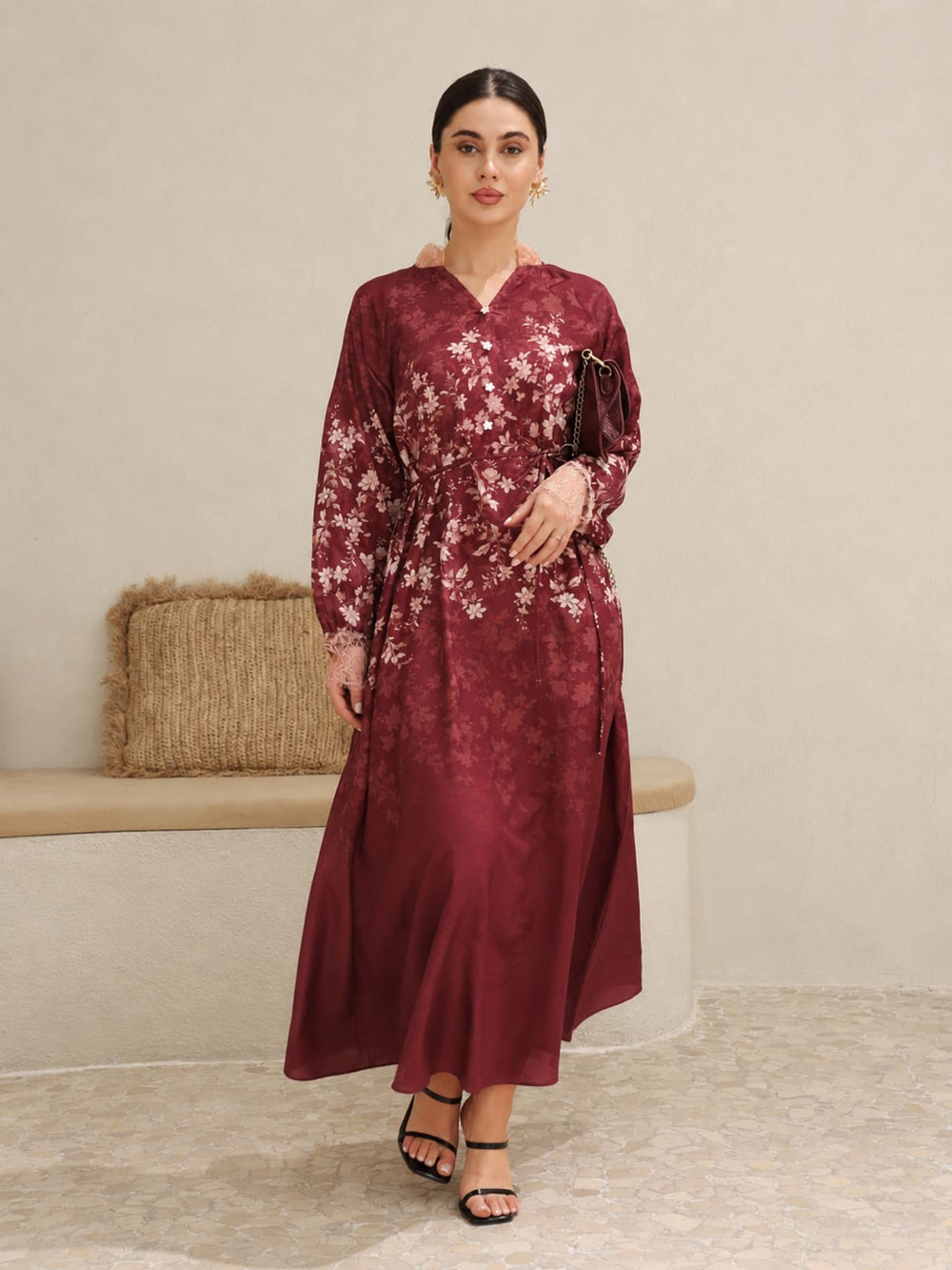 Nuvora Maroon Lace Long Dress