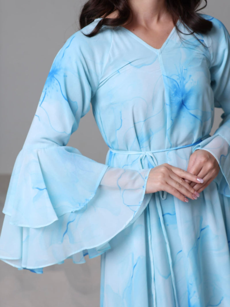 Sakura Mist Blue Floral Long Dress