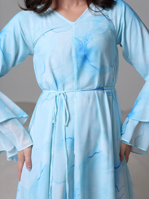 Sakura Mist Blue Floral Long Dress