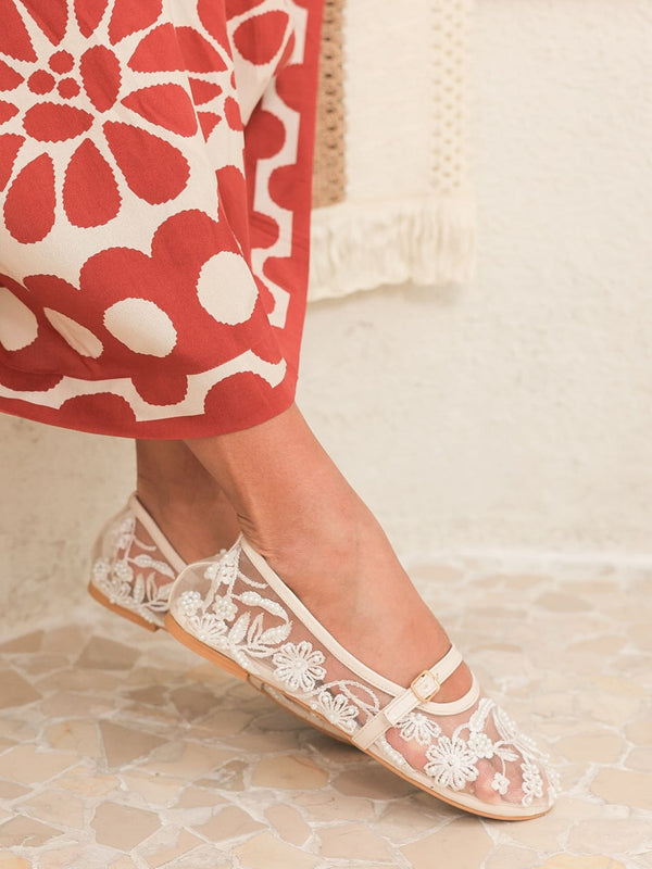 Embroidered Cream Mesh Flats