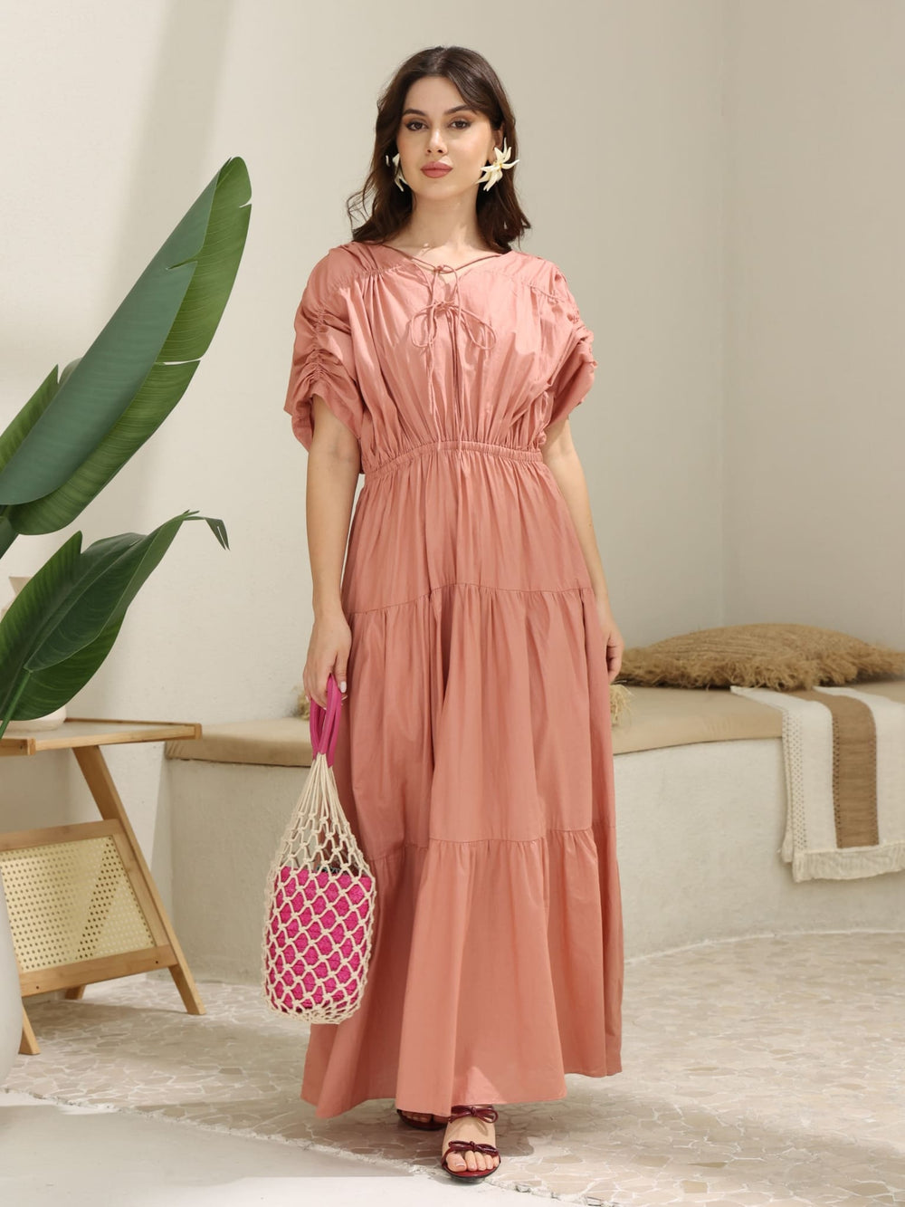Kester Peach Gathered Long Dress
