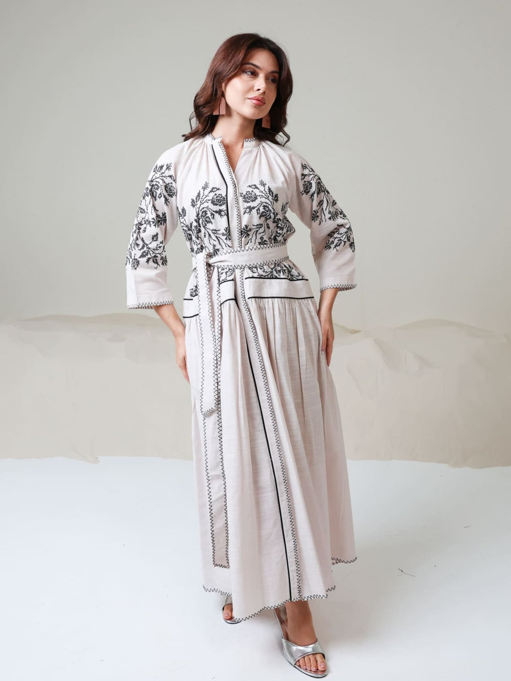 Black Eralis Printed Long Belted Dress