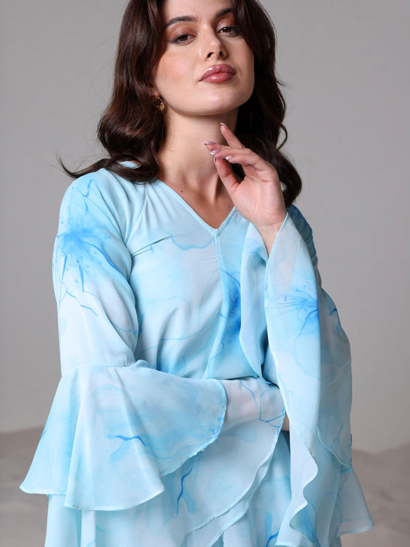 Sakura Mist Blue Floral Long Dress