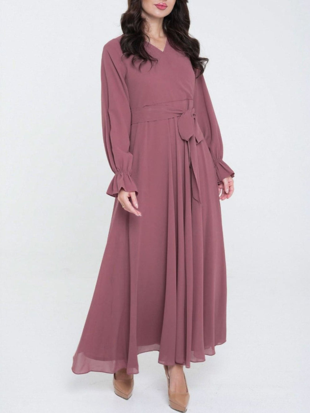 Mysha Pink Mauve Solid Chiffon Long Dress