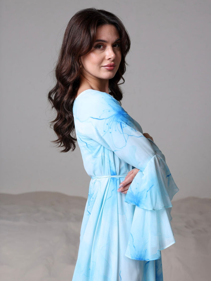 Sakura Mist Blue Floral Long Dress