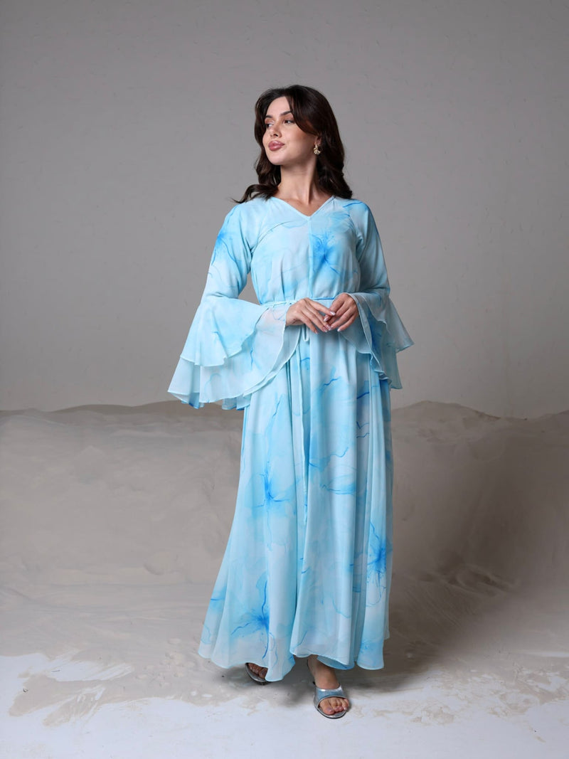 Sakura Mist Blue Floral Long Dress