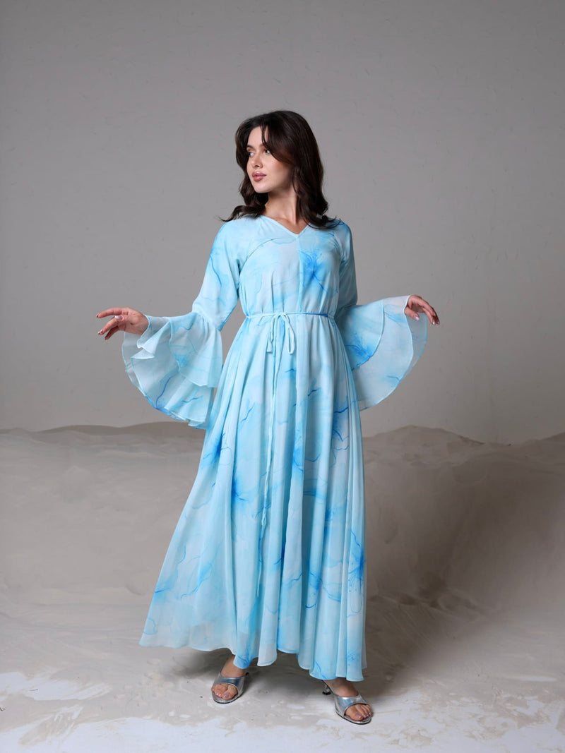 Sakura Mist Blue Floral Long Dress