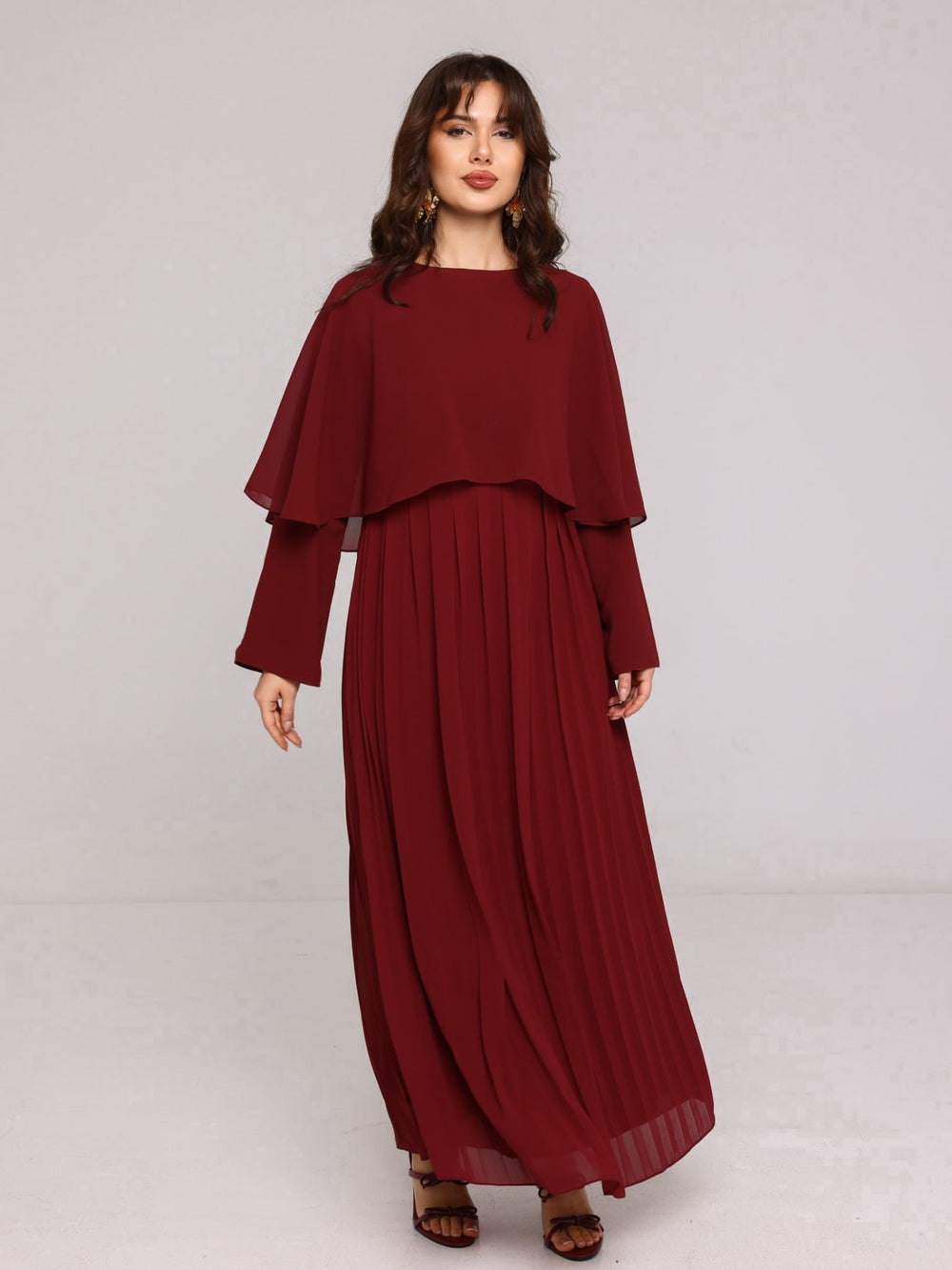 Saryn Maroon Pleated Dress With Cape