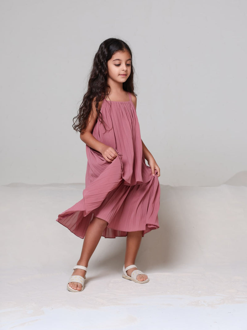 Mini Celestine Pink Pleated Dress For Girls