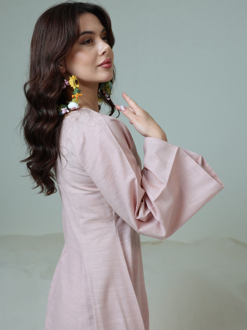 Corrina Peach Panel Dress With Brown Flower Belt