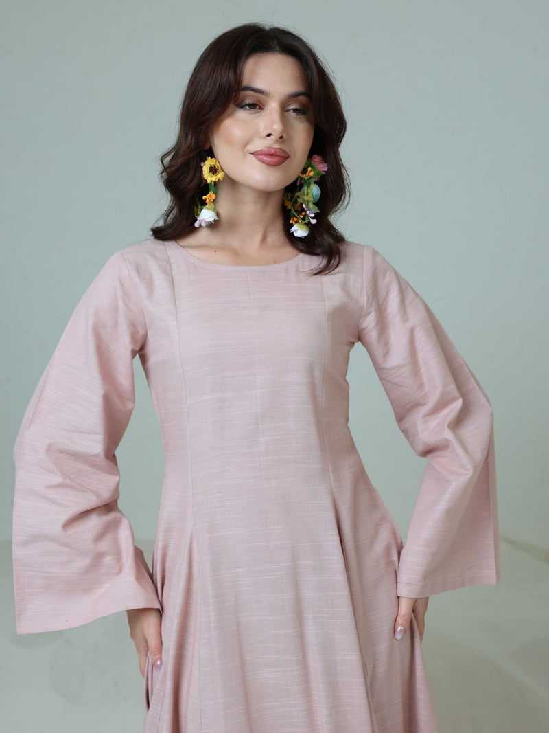 Corrina Peach Panel Dress With Brown Flower Belt