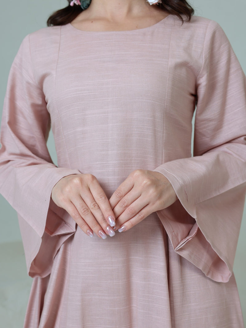 Corrina Peach Panel Dress With Brown Flower Belt