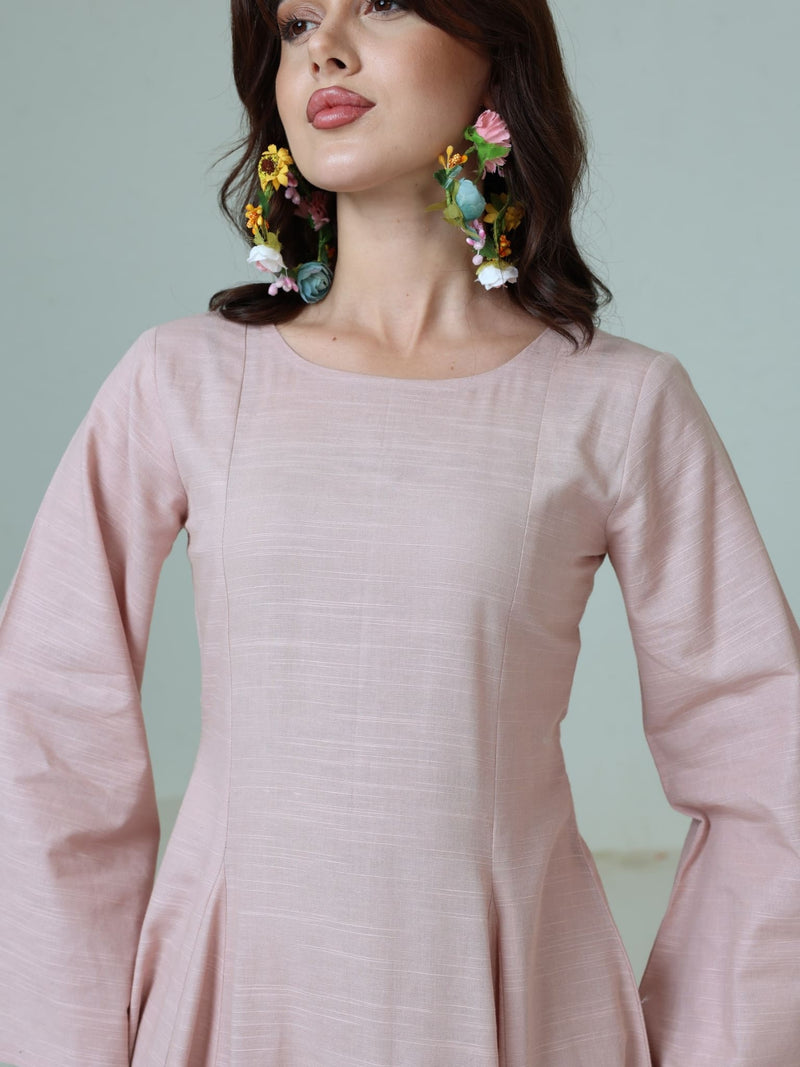 Corrina Peach Panel Dress With Brown Flower Belt