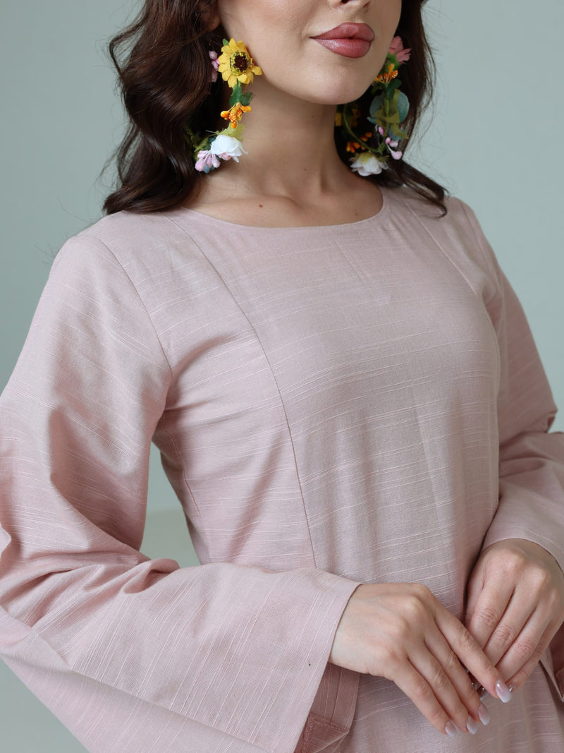 Corrina Peach Panel Dress With Brown Flower Belt