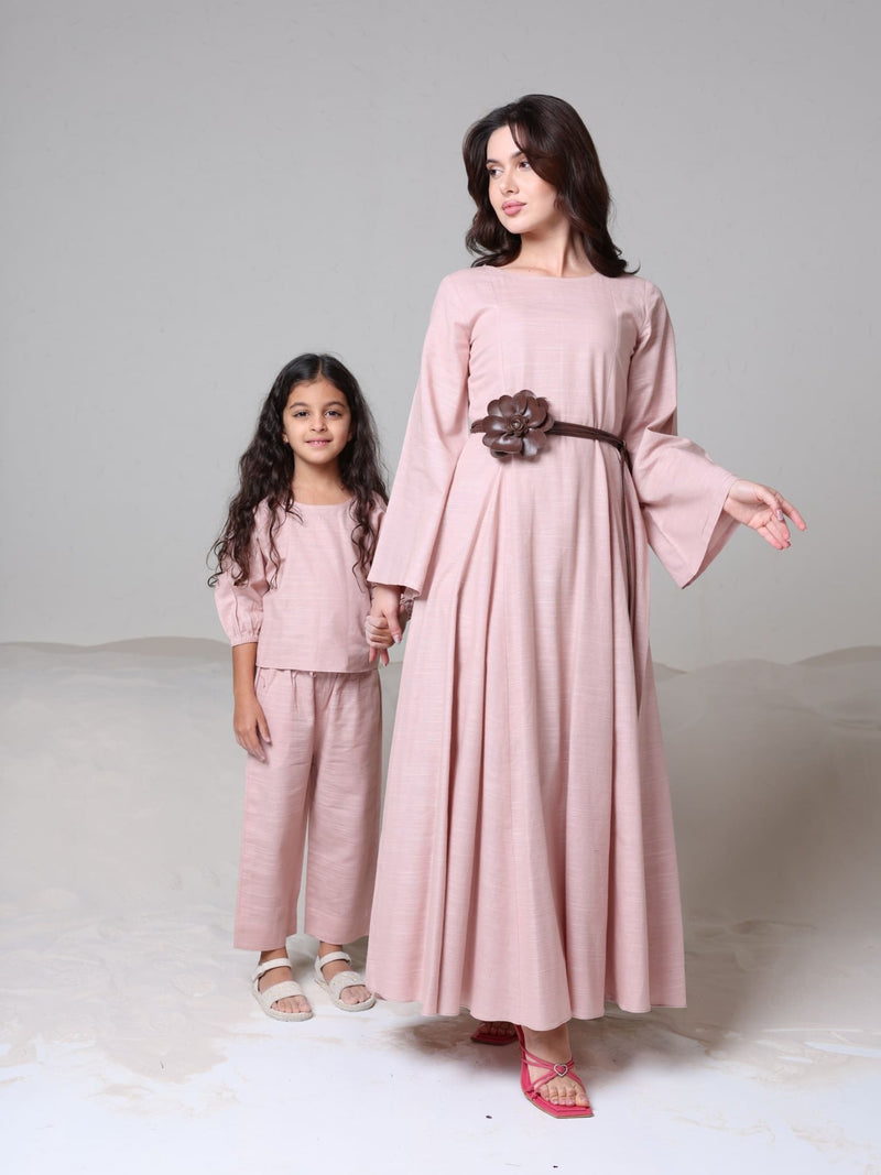 Corrina Peach Panel Dress With Brown Flower Belt