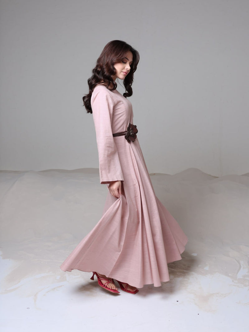 Corrina Peach Panel Dress With Brown Flower Belt