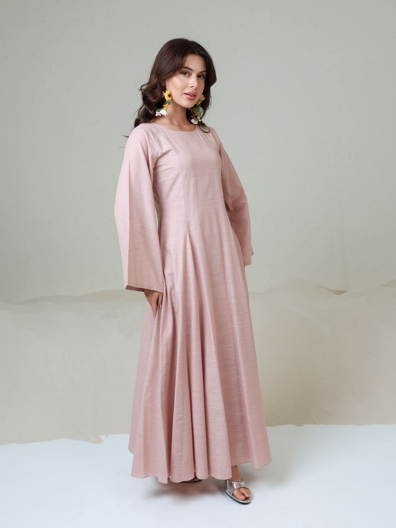 Corrina Peach Panel Dress With Brown Flower Belt