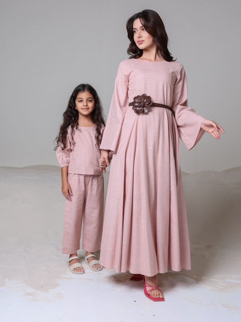 Corrina Peach Panel Dress With Brown Flower Belt