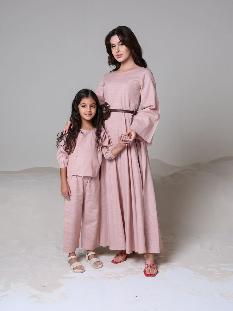 Corrina Peach Panel Dress With Brown Flower Belt