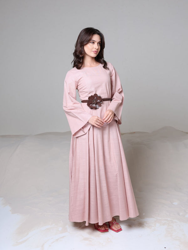 Corrina Peach Panel Dress With Brown Flower Belt