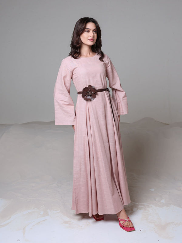 Corrina Peach Panel Dress With Brown Flower Belt