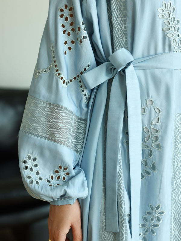 sachin and babi light blue dress Cap-Sleeve V-Neck Floral Embroidered Lace Panel Open Back Maxi A-Line Dress