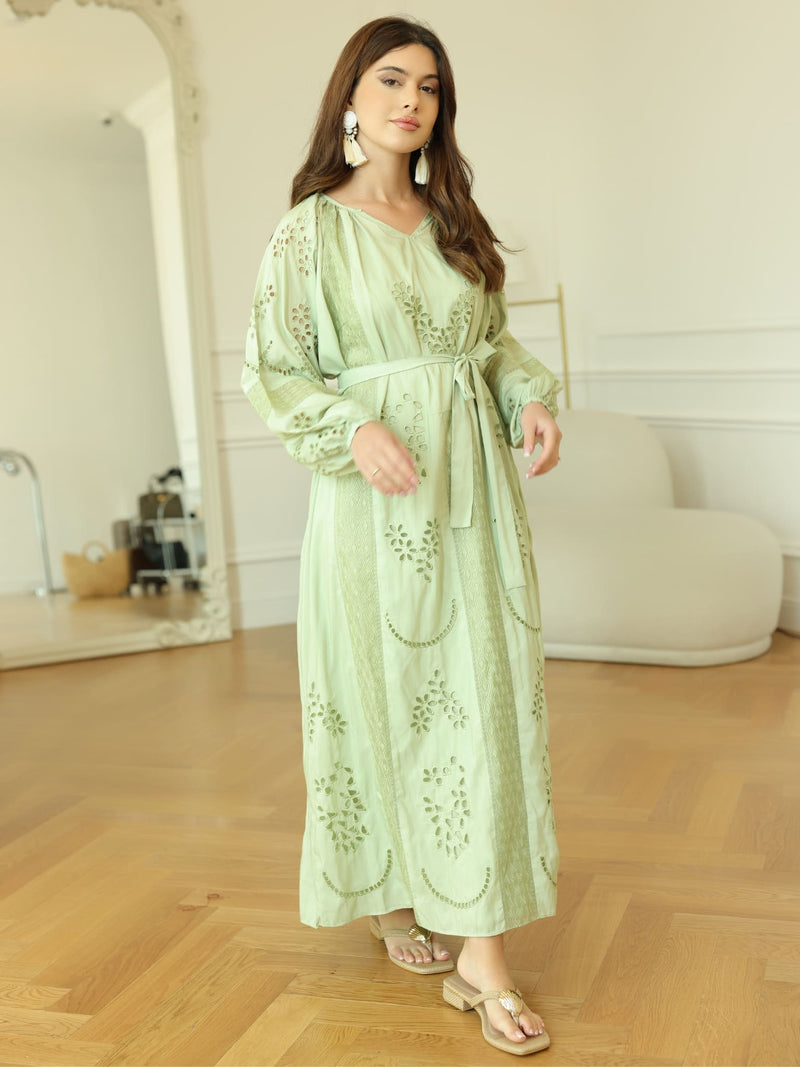 green cutwork dress Green Dorothy Perkins Cutwork Ruffle Sleeve Puff Sleeve Midi Dress