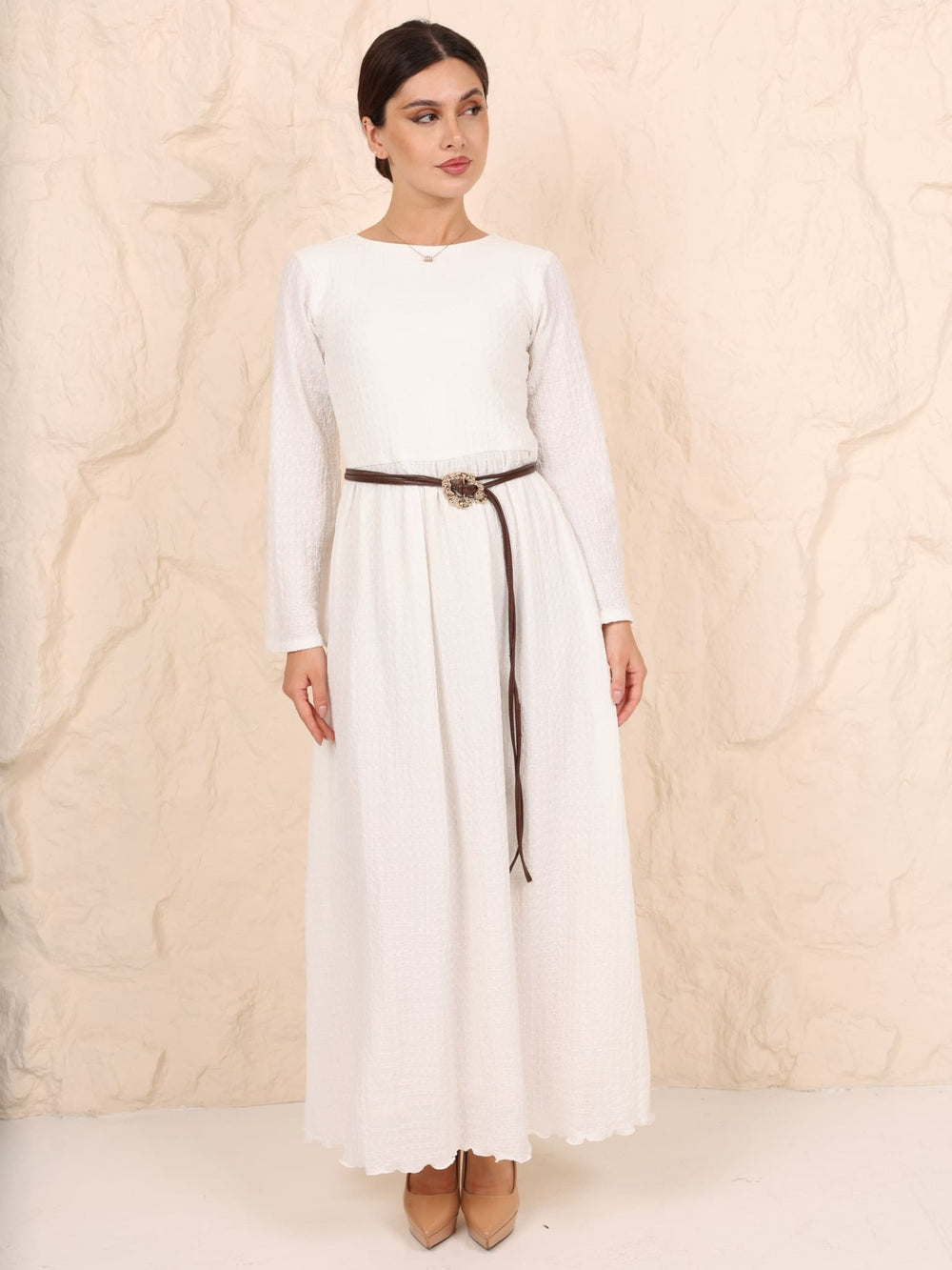 Nina White Textured Long Dress With Belt