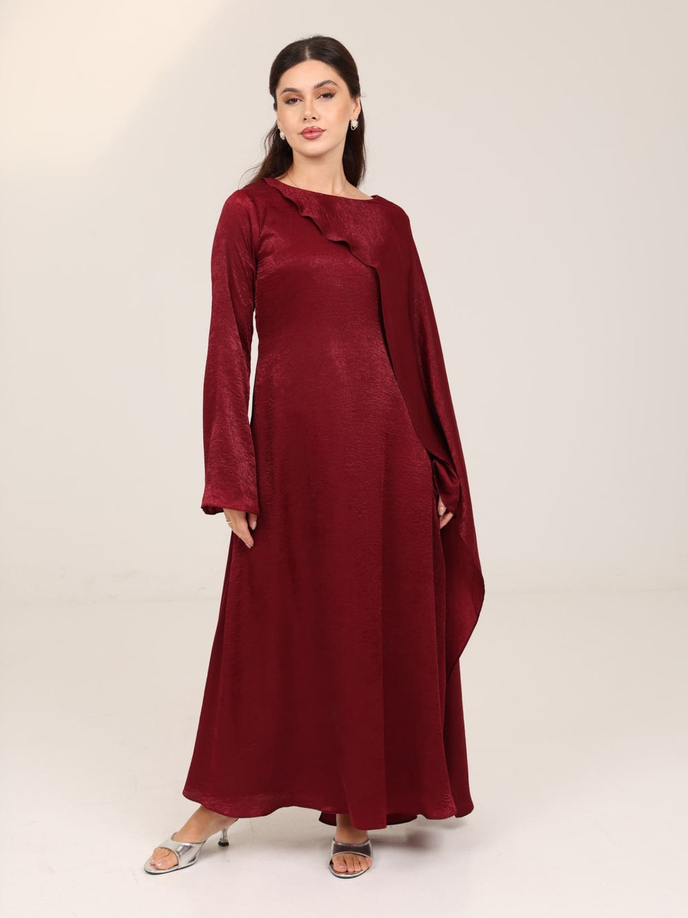 Romina Maroon Cape Long Dress