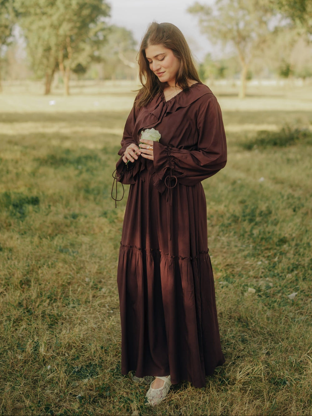 Bruna Brown Frill Long Dress