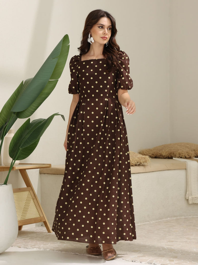 knee length dresses for ladies Niko Brown Polka Dots Dress