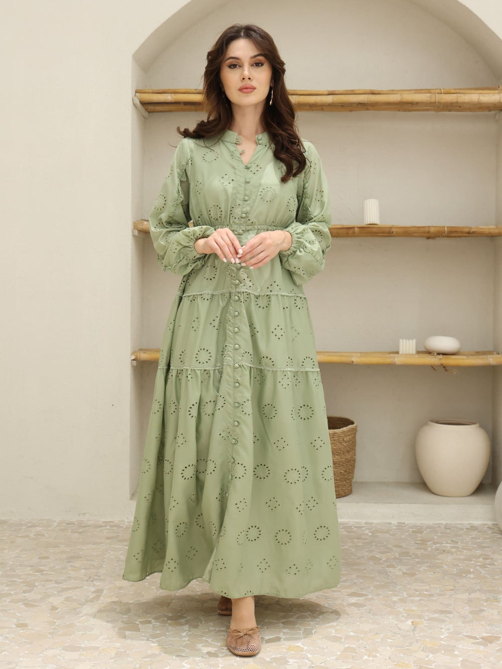 Fernelle Green Cutwork Long Dress
