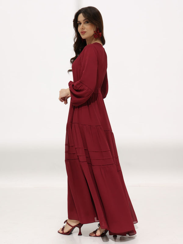 Amara Lace Maroon Solid Long Dress